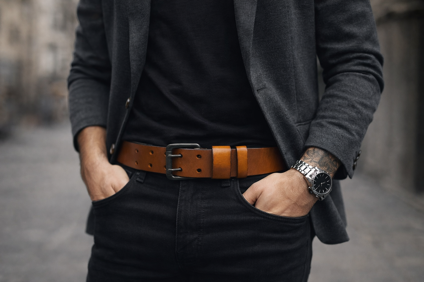 Skórzany pasek męski brązowy – POLAF