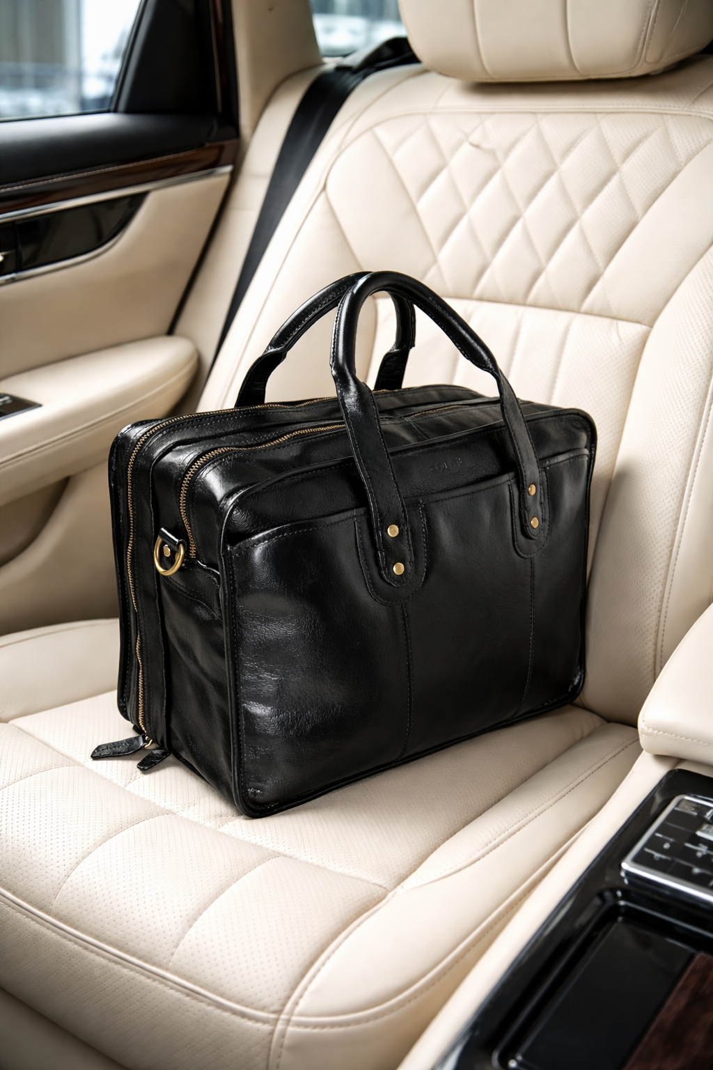 torba na laptopa skórzana POLAF Executive Black na siedzeniu samochodu