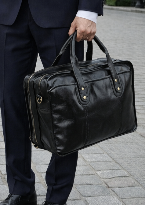 skórzana torba biznesowa męska na laptopa POLAF Executive Black w ręku