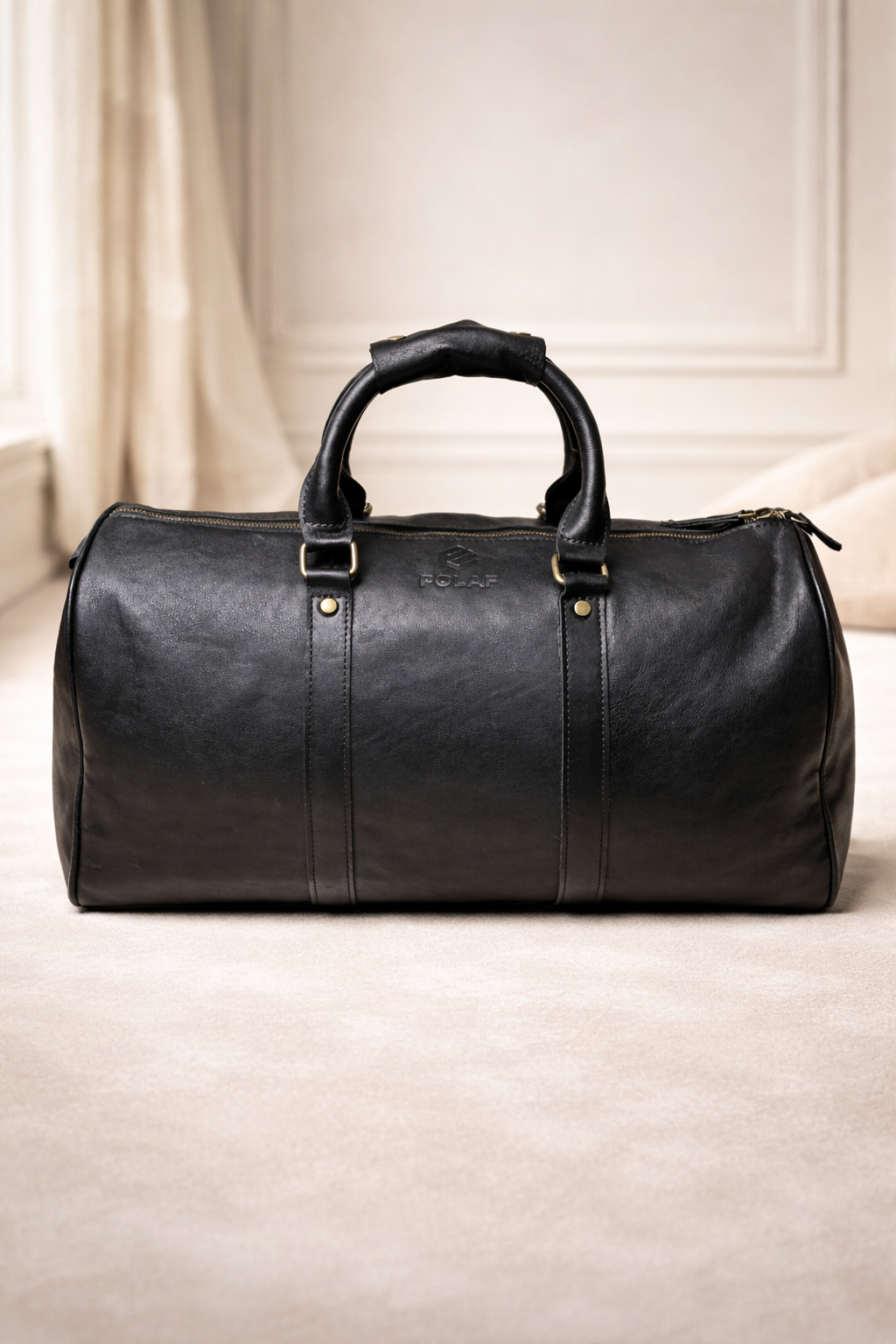 skórzana torba podróżna męska premium POLAF Black Duffel czarna skóra naturalna widok z przodu