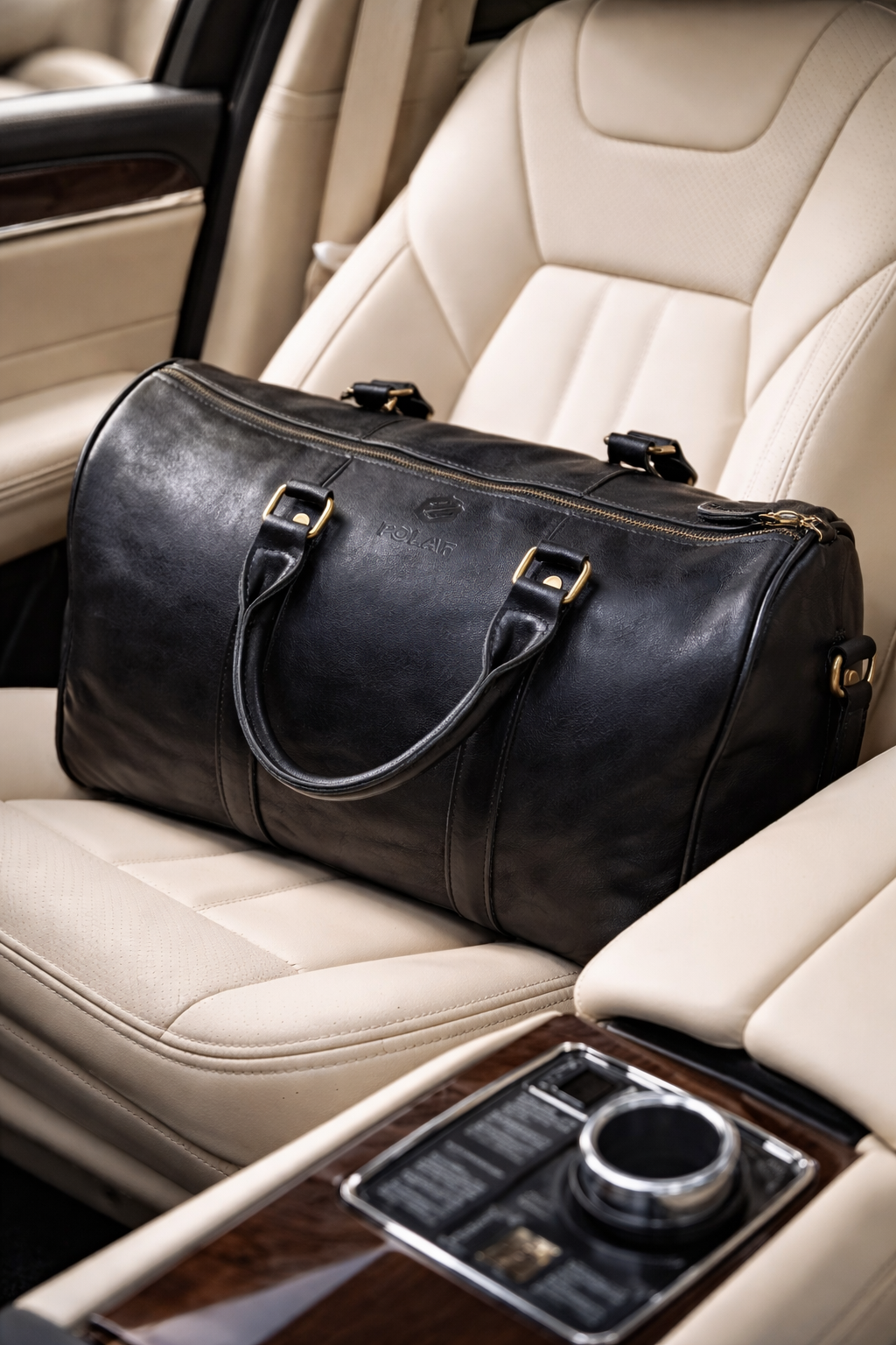 skórzana torba podróżna POLAF Black Duffel na siedzeniu luksusowego samochodu