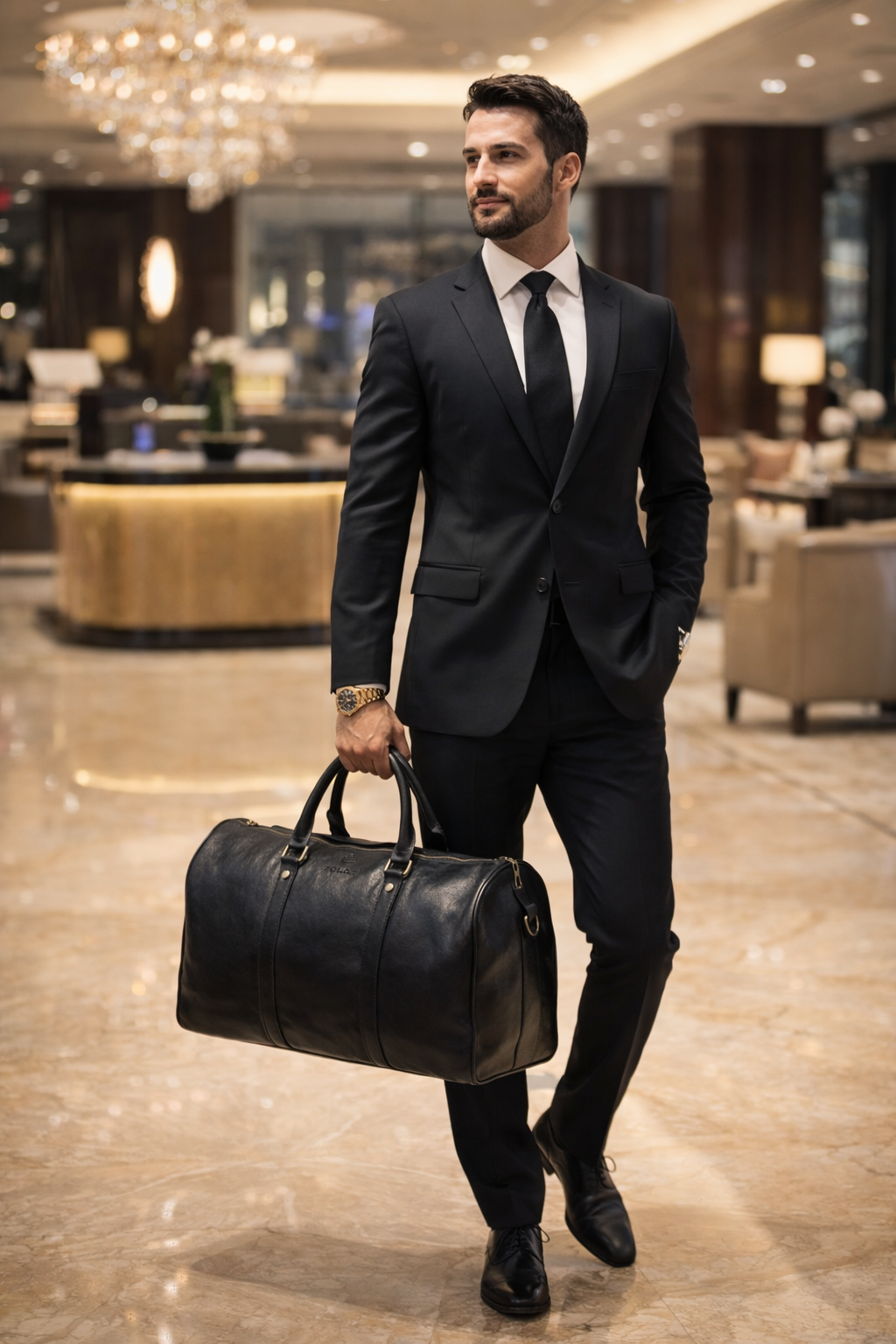 mężczyzna w garniturze z torbą skórzaną podróżną POLAF Black Duffel hotel
