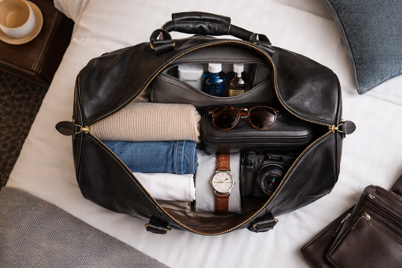 pojemna torba podróżna skórzana POLAF Black Duffel spakowane wnętrze