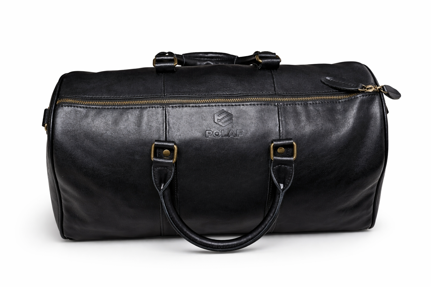 czarna skórzana torba podróżna męska POLAF Black Duffel widok z przodu jasne tło detal zamka