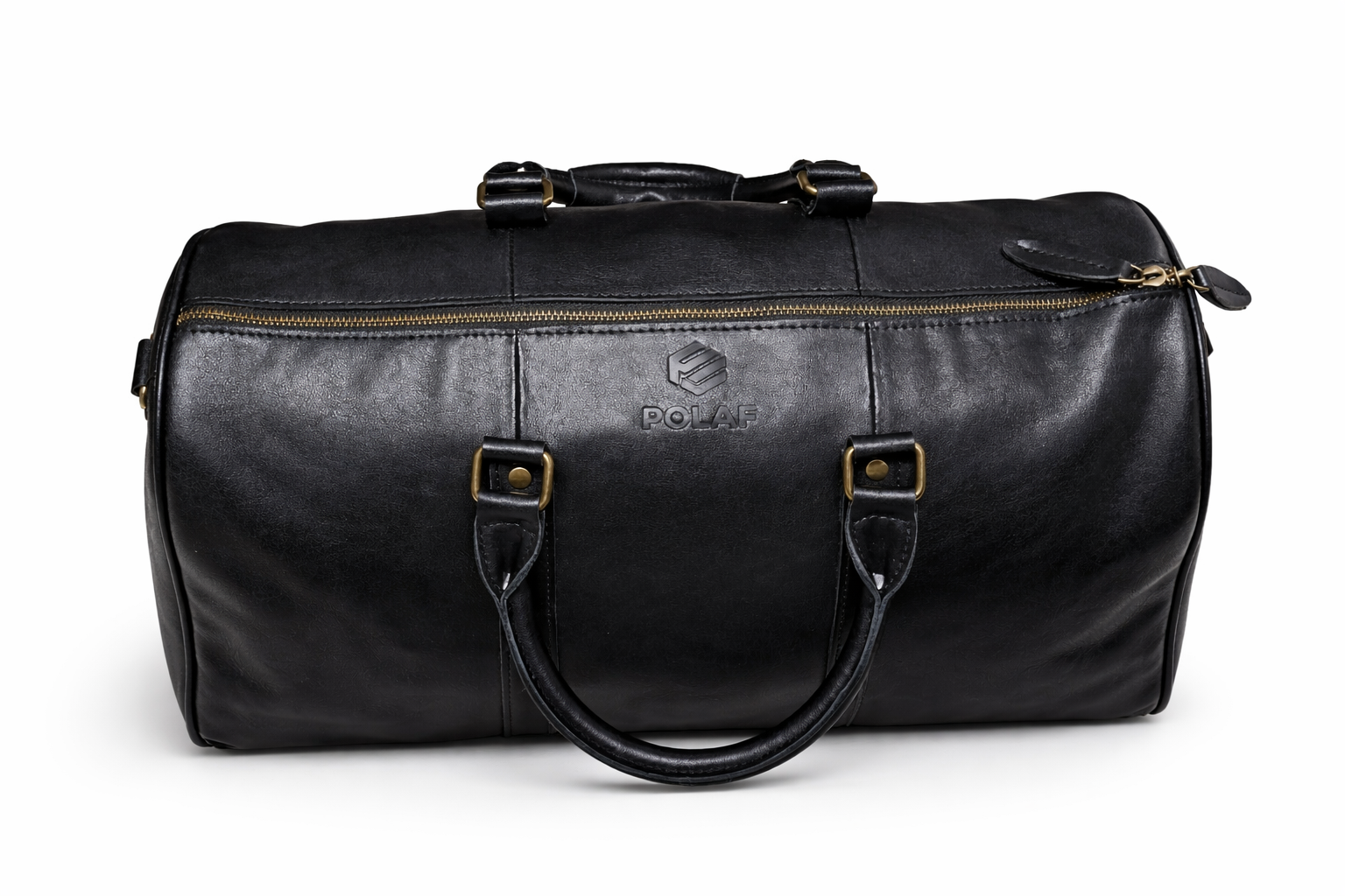 czarna skórzana torba podróżna męska POLAF Black Duffel widok z przodu jasne tło detal zamka