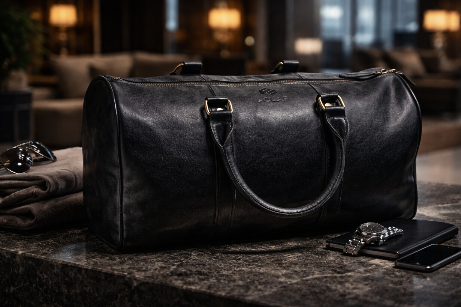 elegancka czarna torba skórzana podróżna POLAF Black Duffel klasyczny design